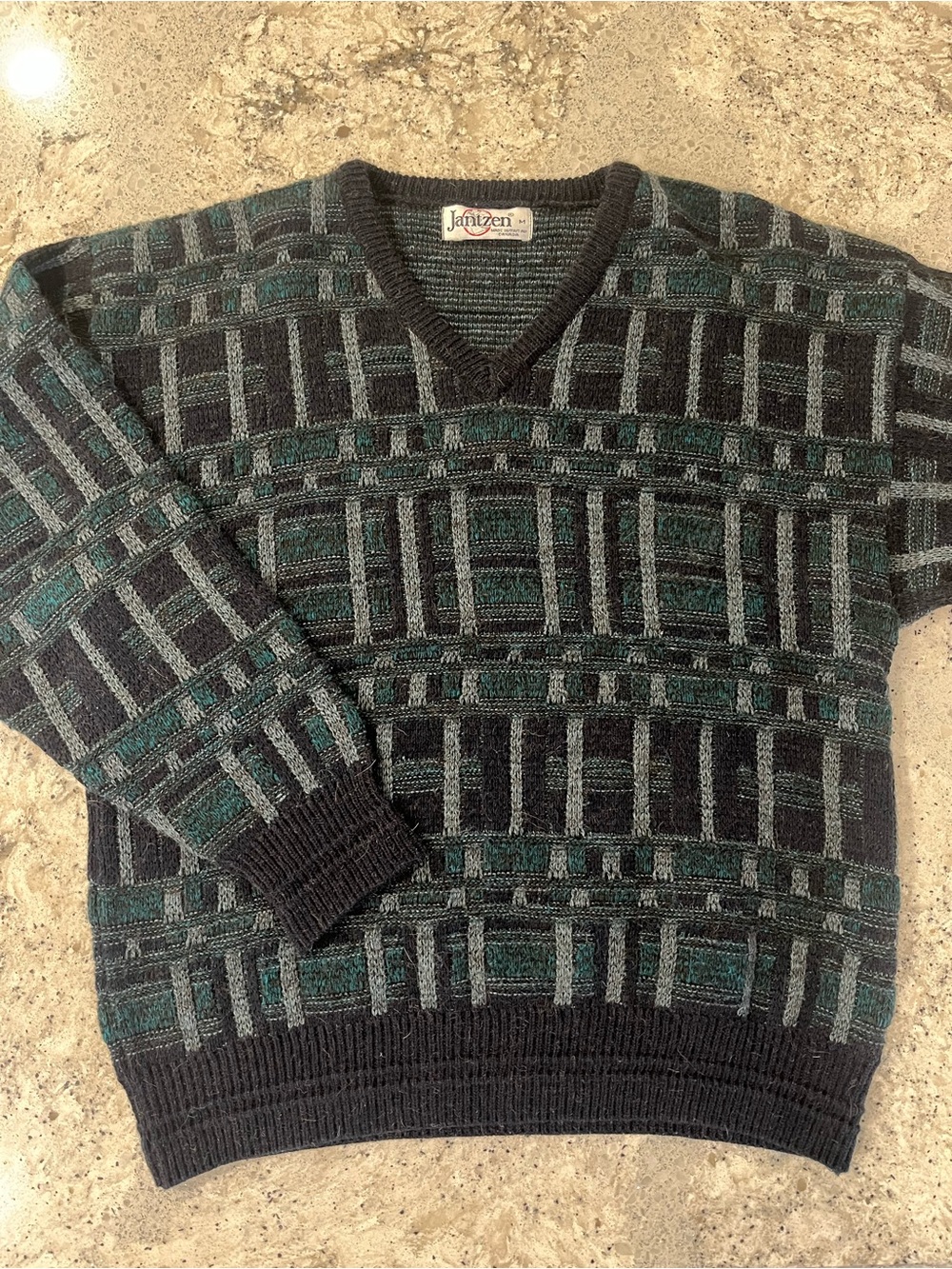 Jantzen Men's V-Neck Geometric Sweater - Black & Teal